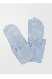 Detail showing smooth light blue mulberry silk sun protection sleeves with buttons