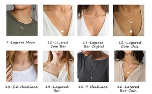 Collage of layered 18K gold plated stainless steel necklaces with moon and coin charms