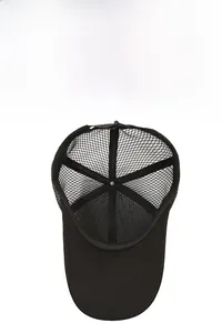 Detailed top view of breathable mesh panels and internal stitching on black baseball cap