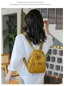Modern yellow mini PU leather backpack shown on a model for scale and style reference
