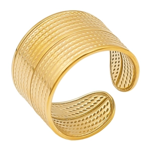 Adjustable golden stainless steel ring with textured wavy surface and dotted hollow pattern