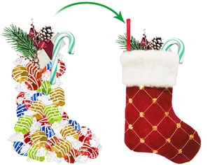 Detail of red Christmas stocking with golden sequins and plush white cuff decoration