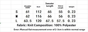 Size chart for loose knit sweater showing shoulder, bust, and length measurements in cm