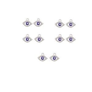 Detailed close-up of 10 blue evil eye charms with sparkling crystals and metal hanging loops