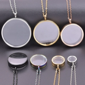 Various sizes of round glass locket necklaces in silver, gold, rose gold and black finish