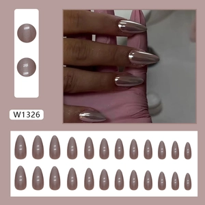Sparkling pink almond press-on nails set with aurora shimmer finish 24pcs W1326