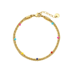 Double-layered 18K gold stainless steel bracelet featuring vibrant multi-colored beads