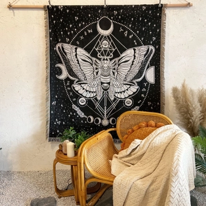 Woven Throw Blanket Cotton Jacquard Moth Moon Phase Geometric Tassels Mystical Bohemian Gothic Sofa Bed Picnic Camping