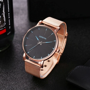 Reloj de negocios Geneva minimalista con correa de malla oro rosa y esfera negra pura