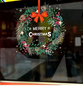 Detailed Christmas wreath window sticker with red berries and Merry Christmas text decor