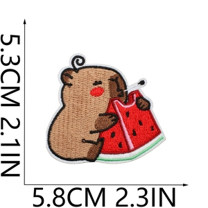 Detailed size view of Capybara eating watermelon embroidered patch measuring 5.8x5.3cm