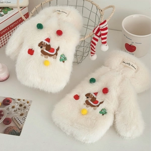 Moufles pelucheuses mignonnes avec broderie teckel et pompons de Noël pour l'hiver
