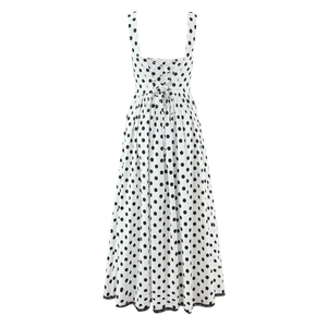 White polka dot midi dress with lace hem and back cross lace-up design for women