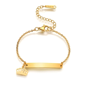 Polished gold stainless steel kids bracelet with crown charm and engravable curved plate