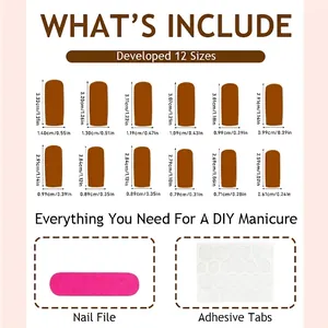Press on nail set sizing chart with 12 sizes and tools for DIY brown starry manicure