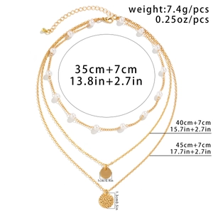 Detailed size chart for the three-layer gold pearl necklace with pendant measurements