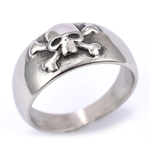 Detailed view of silver skull and crossbones relief on vintage stainless steel ring