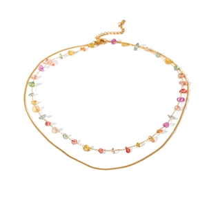 Detail of double-layered stainless steel necklace with colorful natural stone beads