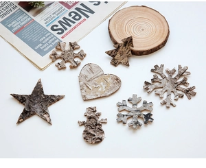 Natural wood bark Christmas ornaments in star and heart shapes for DIY wreath decor