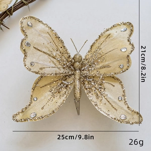 Detailed size view of a 25cm gold glitter butterfly with rhinestones and metal clip