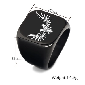 Macro detail of black double-headed eagle signet ring with size and weight dimensions