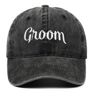 Vintage dark grey washed cotton baseball cap featuring white Groom embroidery on the front