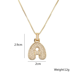 Detail of gold necklace letter A pendant with zircon stones and dimensions 2.9x2cm