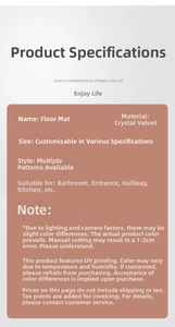 Detailed specifications of crystal velvet mat showing material and UV printing features