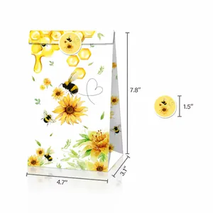 Detailed view of bee and sunflower gift paper bag with dimensions and sealing sticker