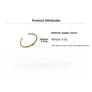 Detailed size chart of gold plated oval cuff bracelet with measurements and zircon specs