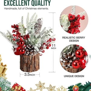 Mini tabletop Christmas tree with berries and pinecones on a natural wood base, 11-inch tall
