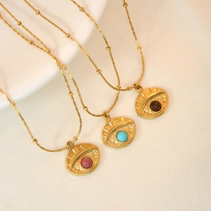 Evil Eye Pendant Necklace 14K Gold Plated Stainless Steel Natural Stone Rhodonite Amazonite Tiger Eye Jewelry Women