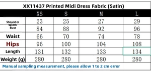 Tableau des tailles détaillé pour robe midi en satin imprimé de la taille XS à L
