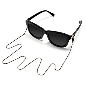 Classic black oversized sunglasses with a slim dark grey metal snake chain on white background