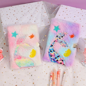Mermaid Tail Plush Notebook For Girls Secret Diary With Lock And Key Tie-dye Sequin Embroidery Journal Stationery Gift