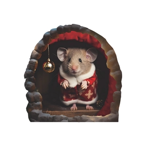 Detail view of 3D Christmas mouse wall sticker with festive robe and gold ball