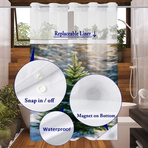 Detail of waterproof shower curtain with snap-in liner and weighted magnetic hem