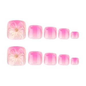 Unghie piedi finte sfumate rosa e bianco con fiori 3D e decorazioni dorate