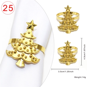 Golden Christmas tree napkin ring showing detailed dimensions of 4.9cm by 3.5cm and 14g weight