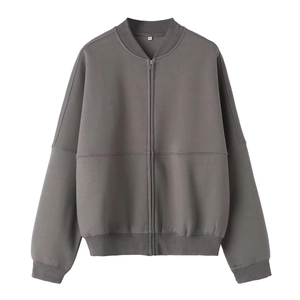 Detailed flat lay of dark grey zip-up bomber hoodie with ribbed cuffs and stand collar
