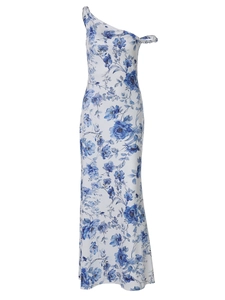 Elegant one shoulder white floral maxi dress with blue flower pattern and slim silhouette