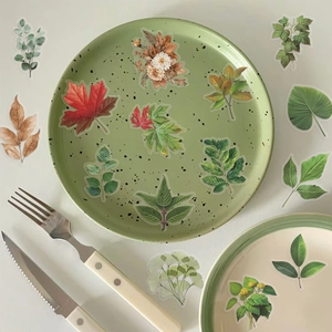 50pcs waterproof clear PET stickers with green botanical leaves and flowers for journals