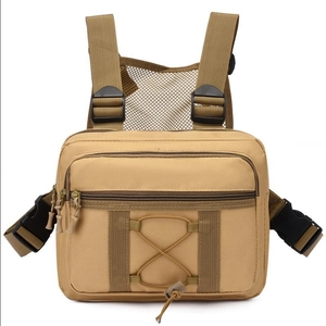 Tactical chest bag in khaki nylon with MOLLE system and adjustable straps on white background