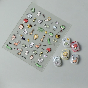Close-up of FEB-563 5D self-adhesive nail art stickers with cute zoo animal illustrations