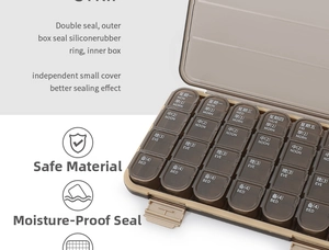 Macro detail of 28-compartment weekly pill box with double-layer moisture-proof sealing