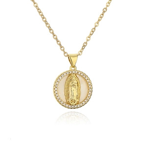 18K gold plated necklace with Virgin Mary pendant and cubic zirconia halo on white background