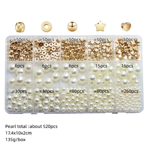 770pcs DIY jewelry set with gold spacer beads and white ABS pearls in a 15-grid box