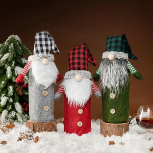 Christmas Gnome Wine Bottle Cover Plaid Knit Fabric Felt Swedish Tomte Decor For Festive Holiday Dining Table Decoration