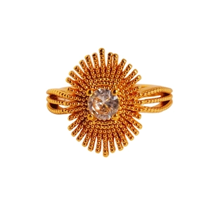 Gold-plated sunburst brass ring with zircon inlay and irregular textured lines