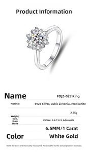 Detailed spec sheet showing S925 sterling silver moissanite ring with adjustable band size